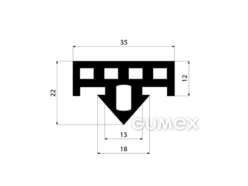 "T" Gummiprofil mit 5 Löcher, 22x35/18mm, 70°ShA, EPDM, ISO 3302-1 E2, -40°C/+100°C, schwarz, 